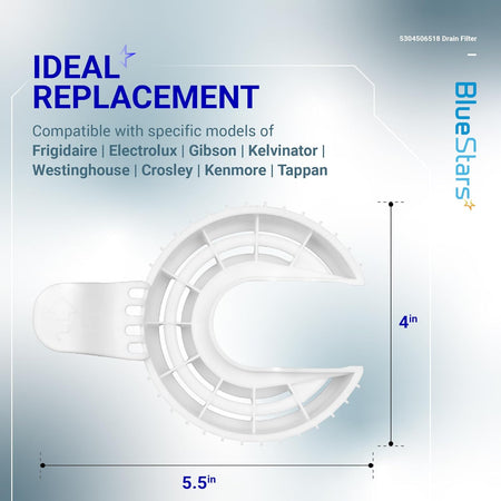 5304506518 dishwasher drain filter replacement with dimensions shown on an informational product graphic.