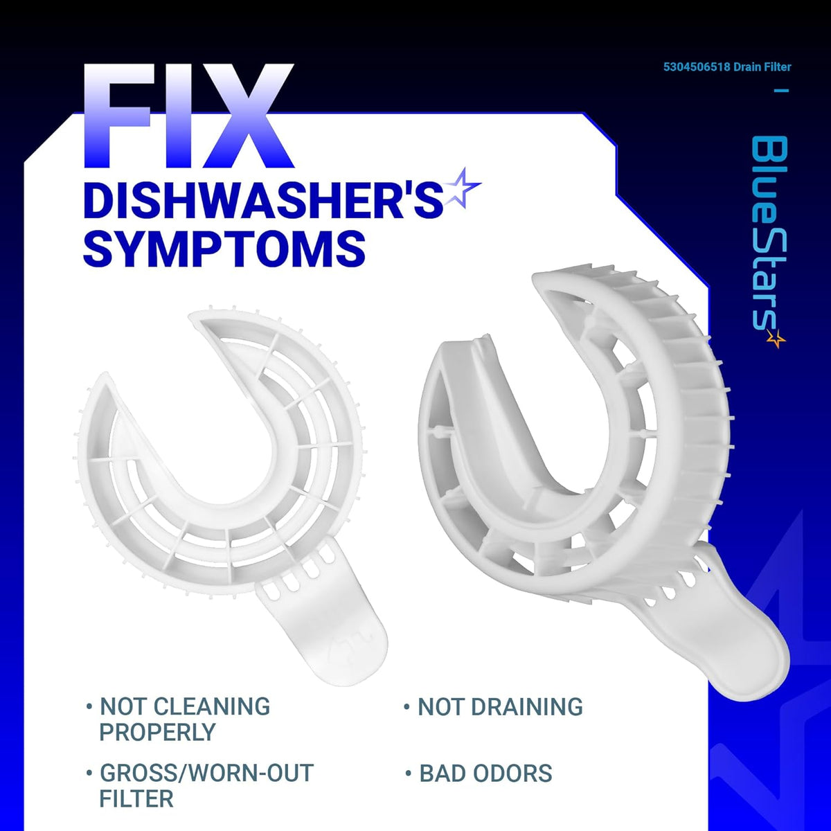 Two white Frigidaire dishwasher drain filters shown from top and side angles to fix drainage and odor issues.