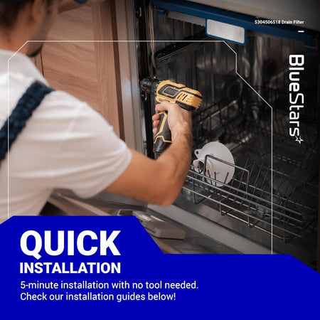 Technician installing a 5304506518 dishwasher drain filter into a Frigidaire unit.