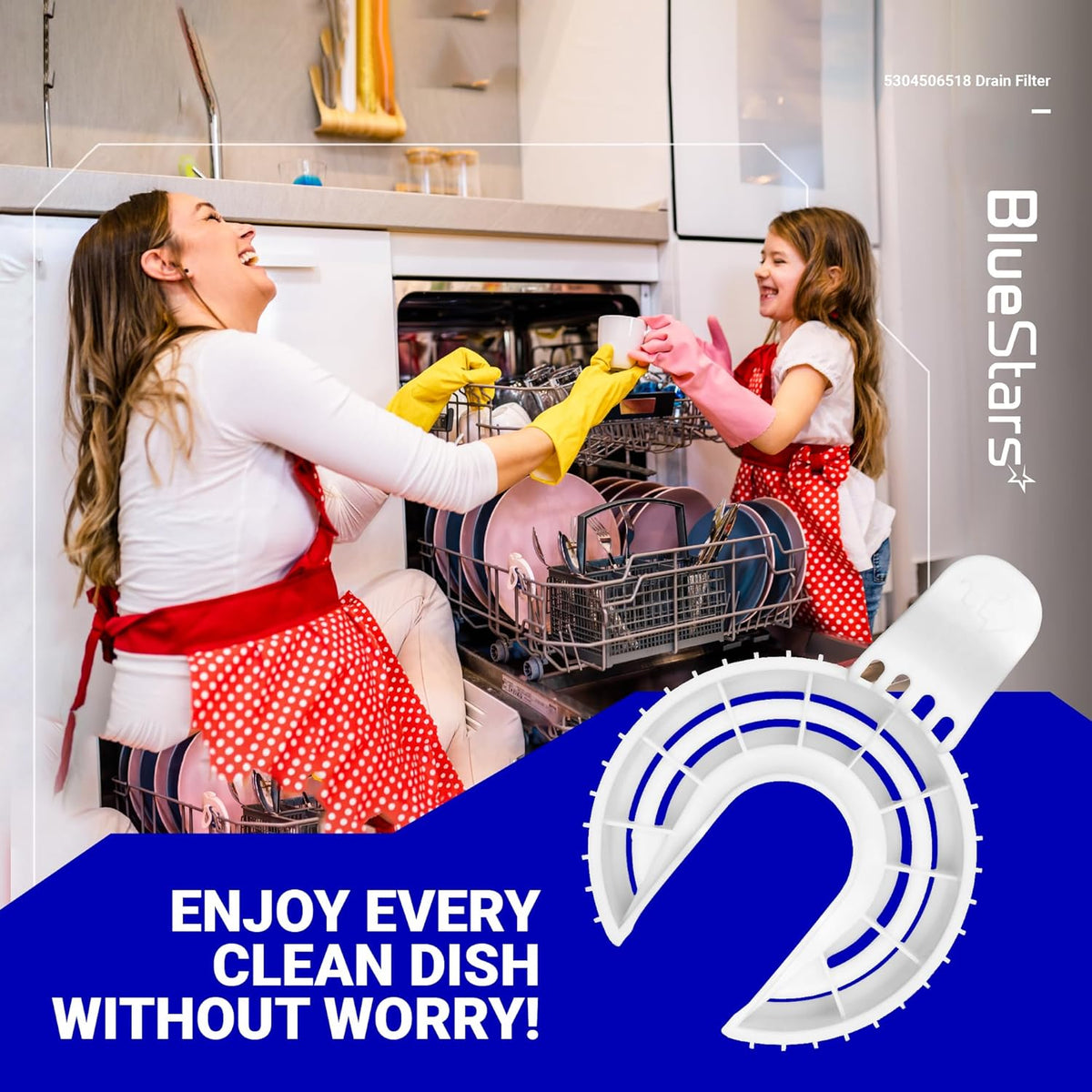 White 5304506518 dishwasher drain filter replacement for Frigidaire appliances shown in a lifestyle product graphic.