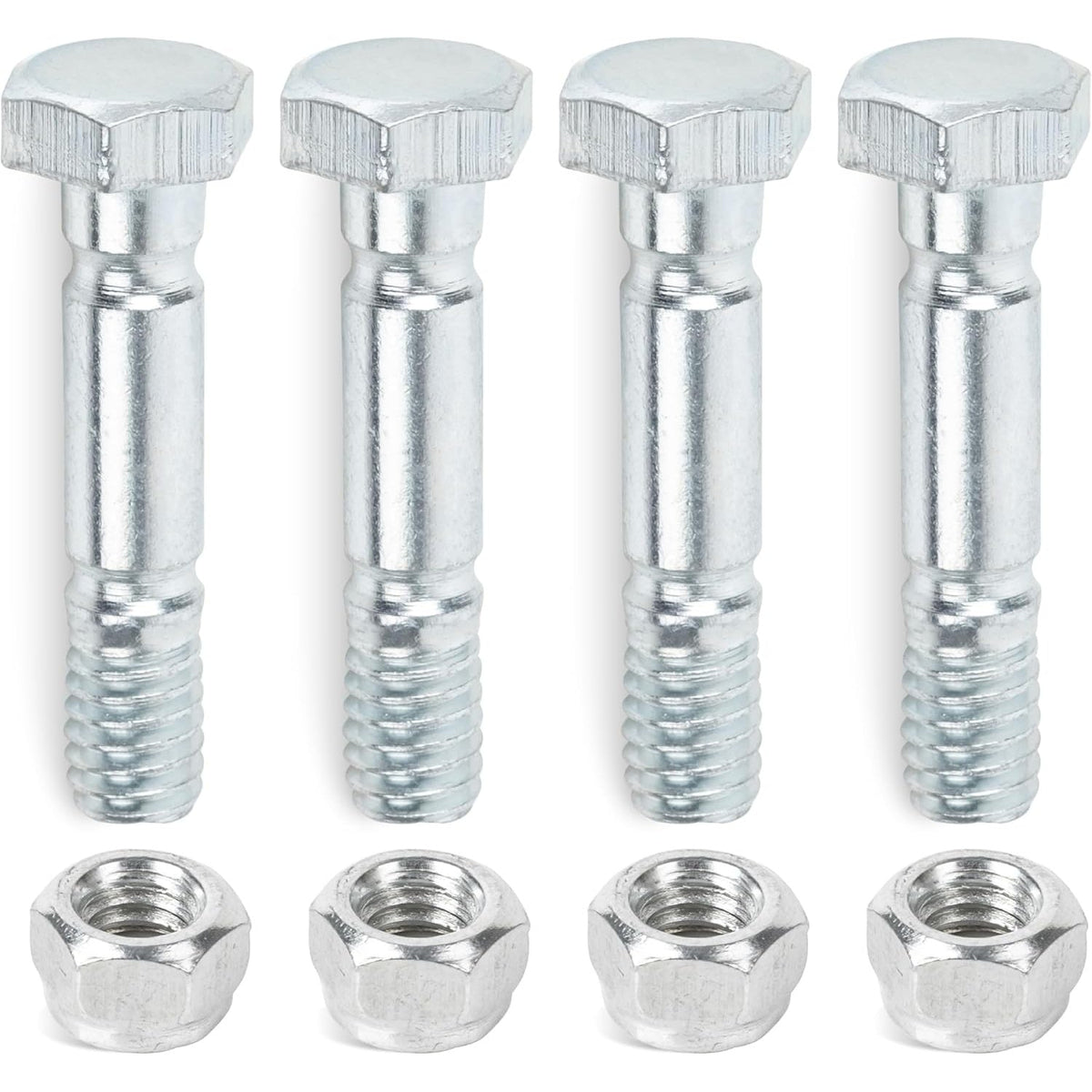 Four silver snow blower shear pins and matching hex nuts arranged in a row.