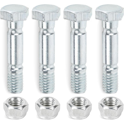 Four silver snow blower shear pins and matching hex nuts arranged in a row.