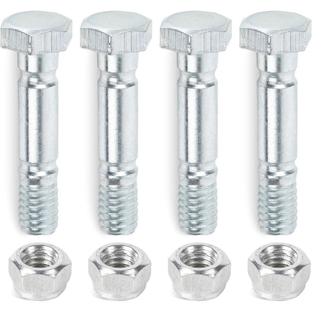 Four silver snow blower shear pins and matching hex nuts arranged in a row.
