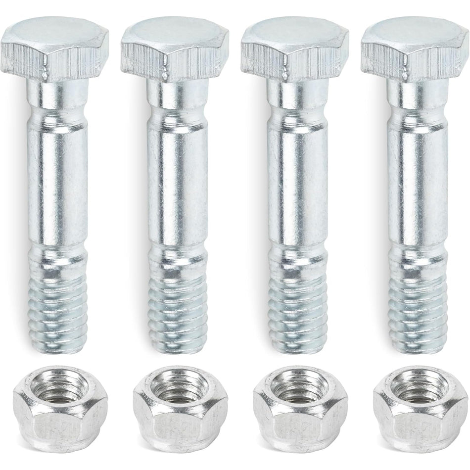 Four silver snow blower shear pins and matching hex nuts arranged in a row.