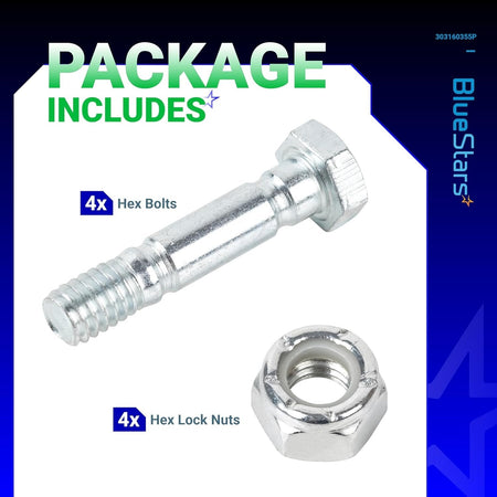 Four snow blower shear pins and hex lock nuts set for 303160355P replacement.
