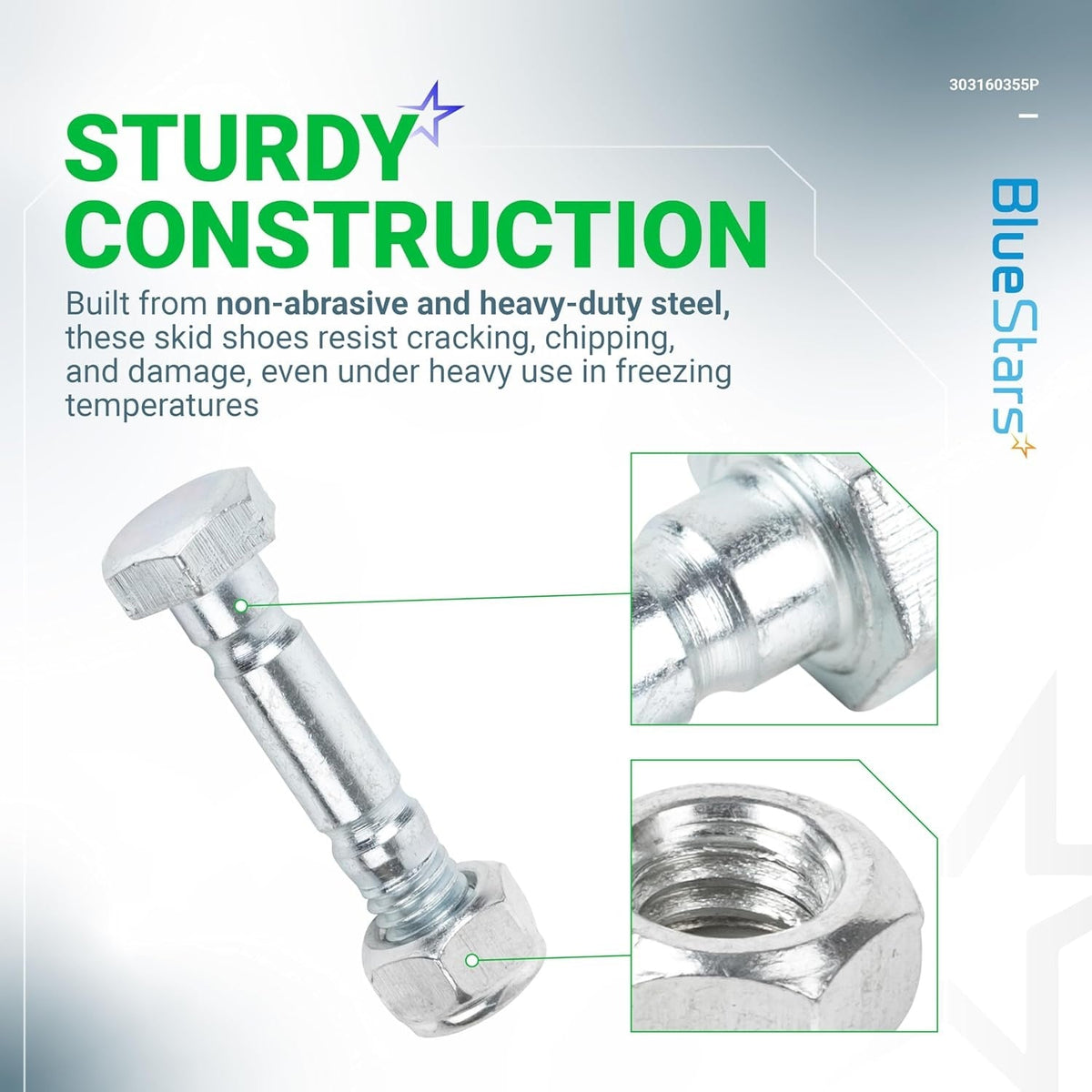 Close-up of a 303160355 snow blower shear pin and nut with detailed views of the bolt head and threaded nut.