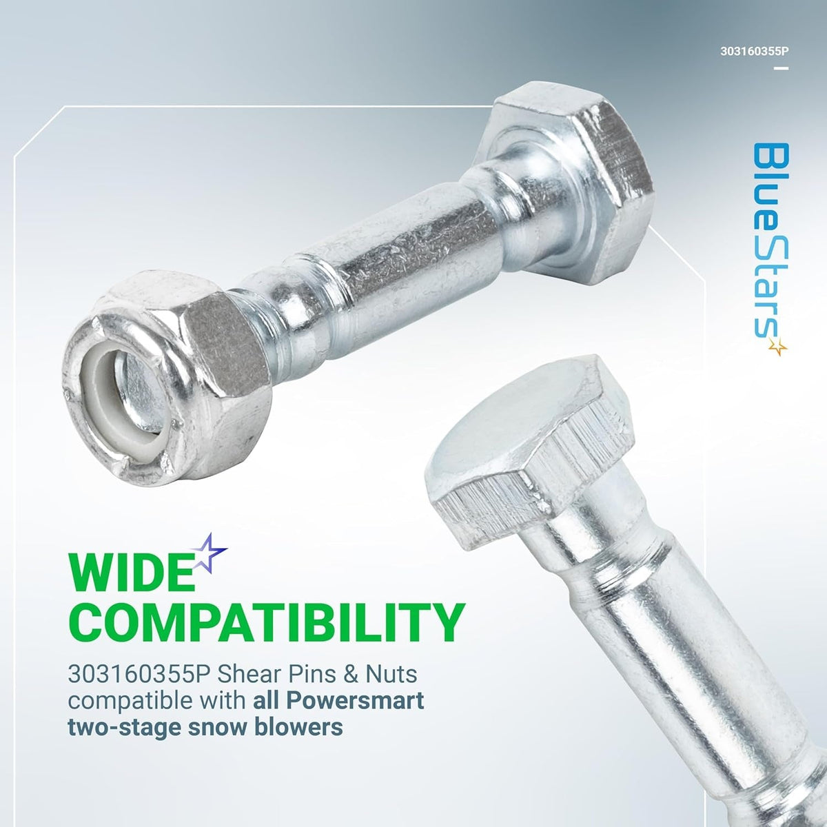 Close-up of 303160355P snow blower shear pin and nut assembly for Powersmart two-stage snow blowers.
