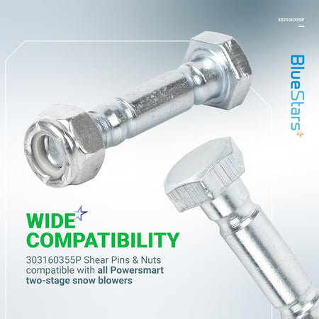 Close-up of 303160355P snow blower shear pin and nut assembly for Powersmart two-stage snow blowers.