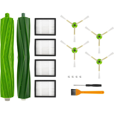 Replacement kit for iRobot Roomba including 2 roller brushes, 4 HEPA filters, 4 side brushes, and cleaning tools.