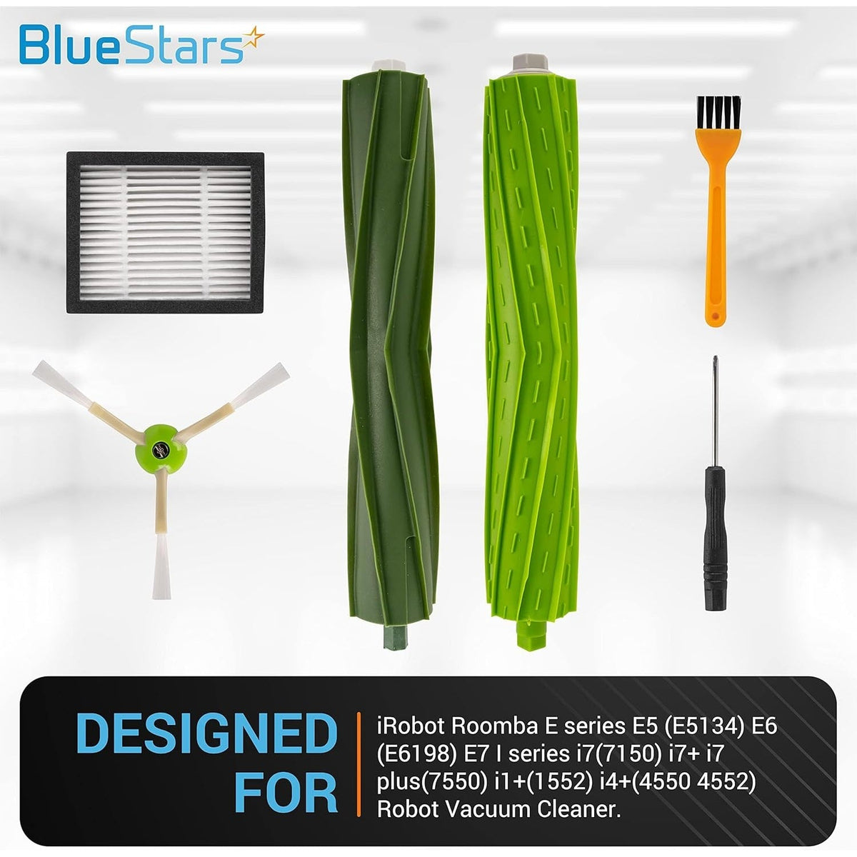 Replacement parts kit for iRobot Roomba including roller brushes, HEPA filter, side brush, cleaning tool, and screwdriver.