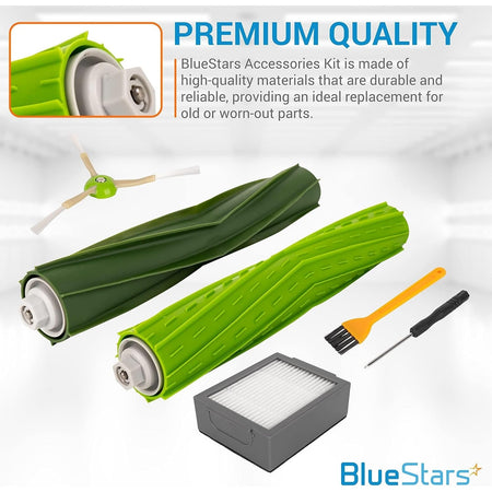 Replacement parts kit for iRobot Roomba including roller brushes, HEPA filter, side brush, and cleaning tools.