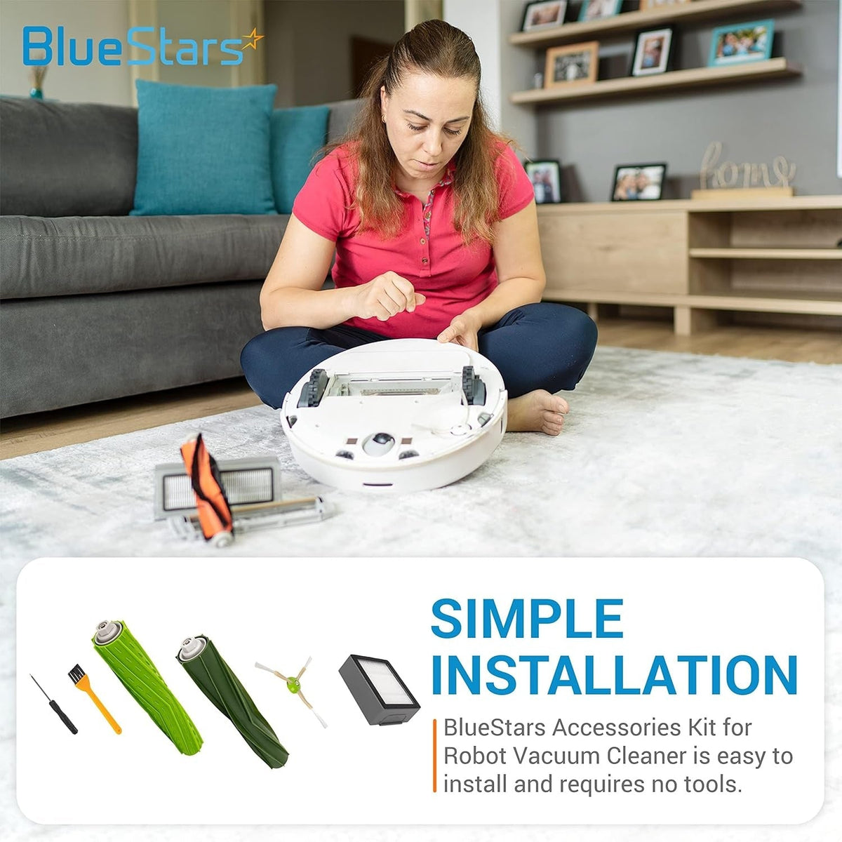 Woman installing replacement parts into an iRobot Roomba vacuum cleaner from the BlueStars accessories kit.