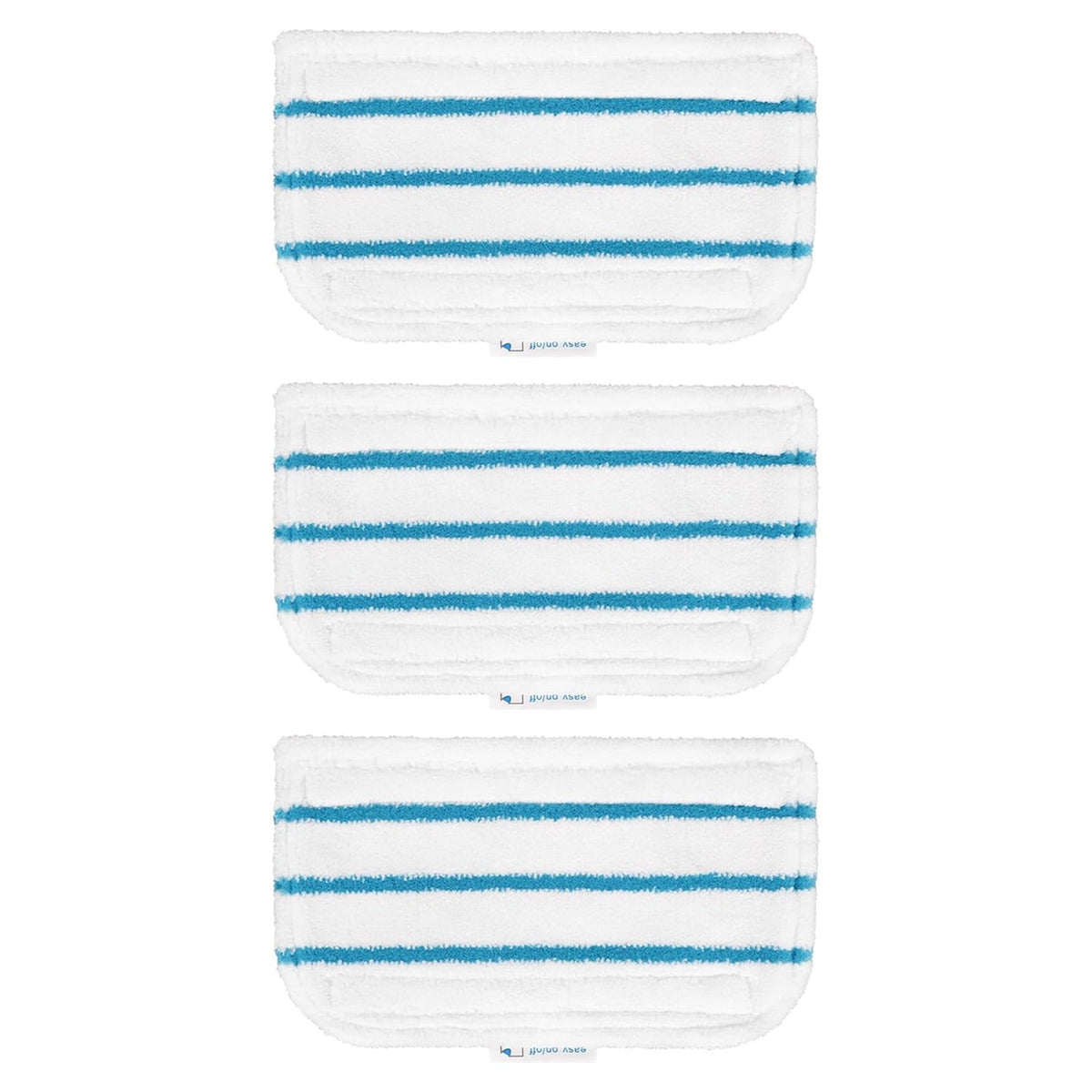 Three white microfiber replacement steam mop pads with blue stripes for Black and Decker steam mops.