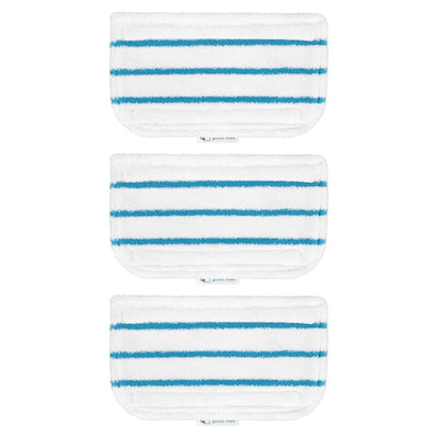 Three white microfiber replacement steam mop pads with blue stripes for Black and Decker steam mops.