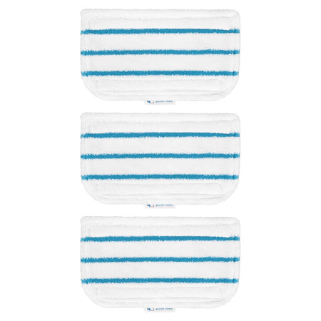Three white microfiber replacement steam mop pads with blue stripes for Black and Decker steam mops.