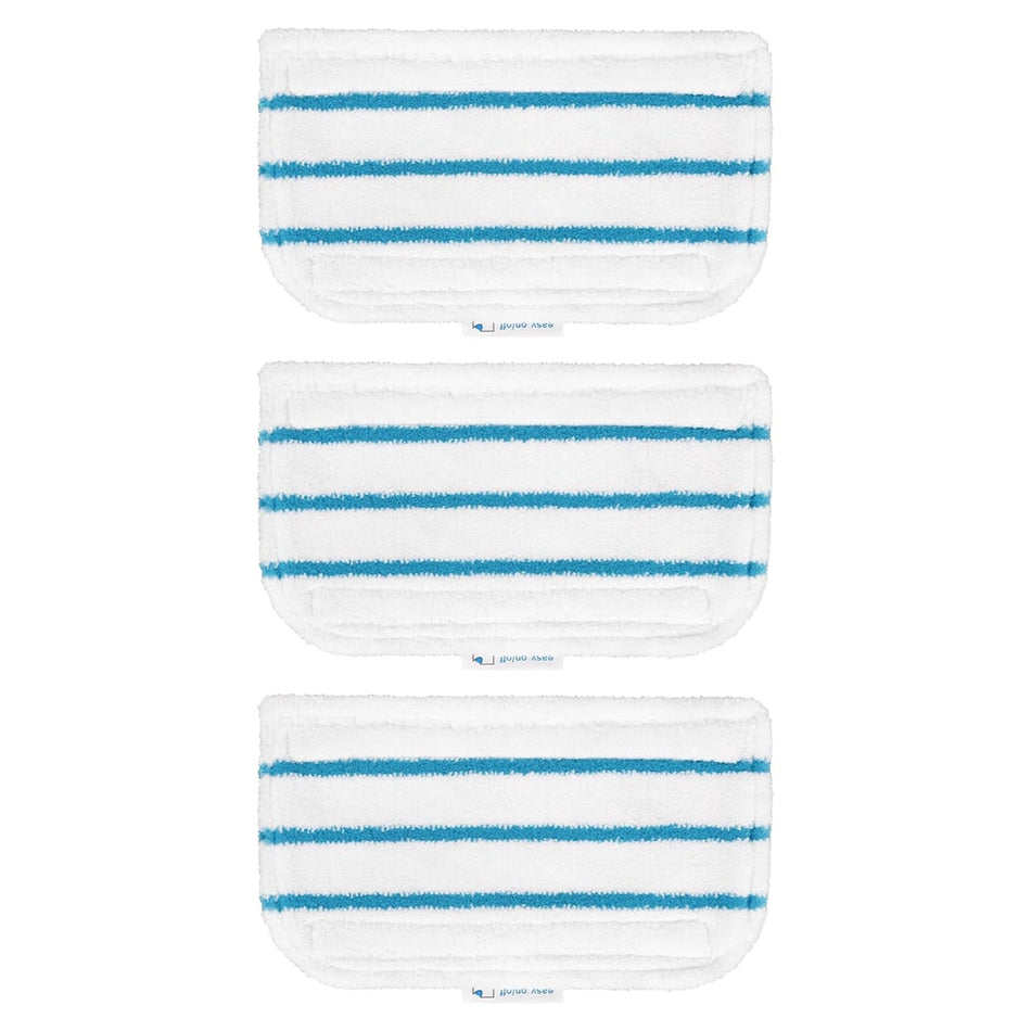 Three white microfiber replacement steam mop pads with blue stripes for Black and Decker steam mops.