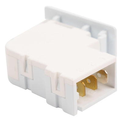White DC64-00828B dryer door switch with metal terminal connectors for Samsung and Kenmore dryers.