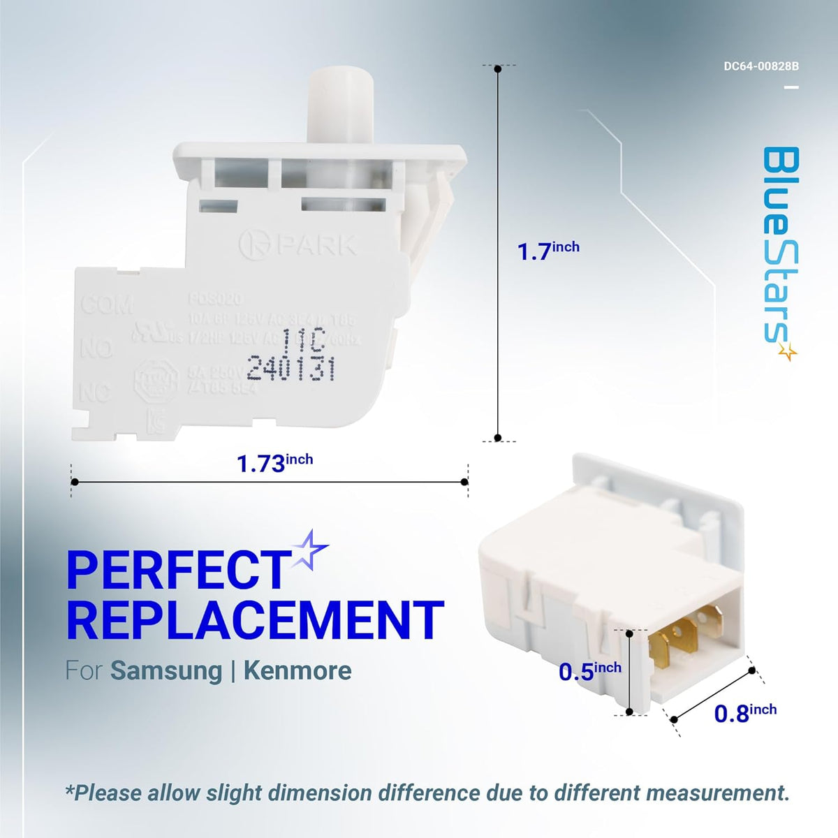 DC64-00828B dryer door switch for Samsung and Kenmore dryers showing dimensions and terminal view.