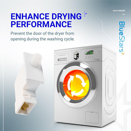 DC64-00828B dryer door switch shown next to a dryer illustration for Samsung and Kenmore compatibility.