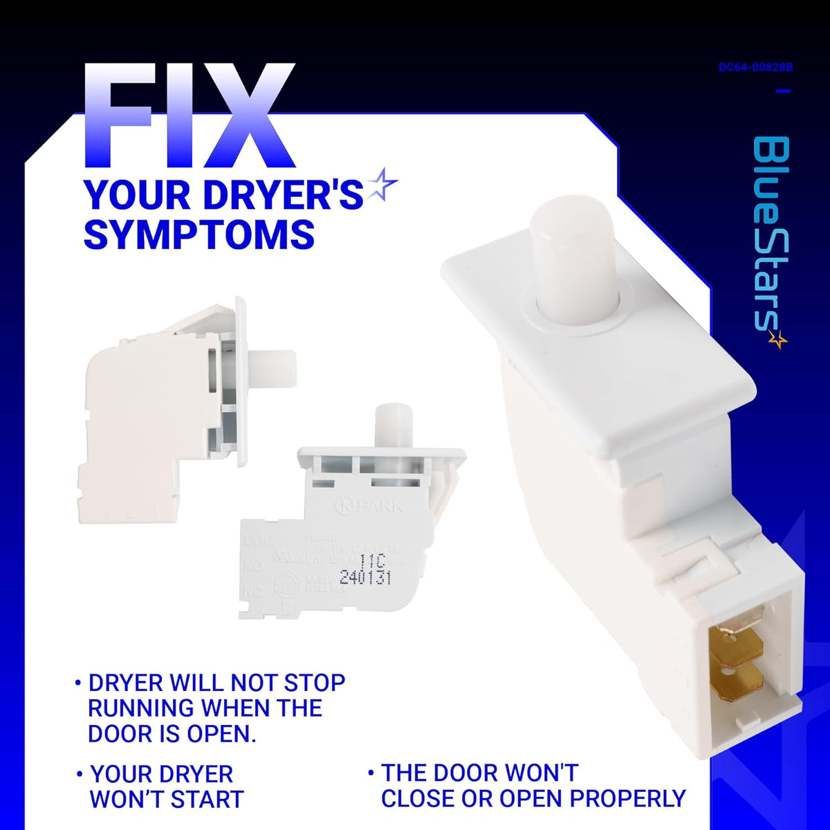 DC64-00828B dryer door switch for Samsung and Kenmore dryers, showing multiple angles of the white replacement part.