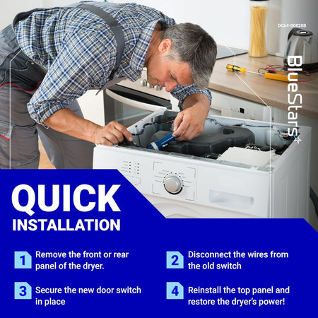 Technician installing a DC64-00828B dryer door switch with a four-step quick installation guide.