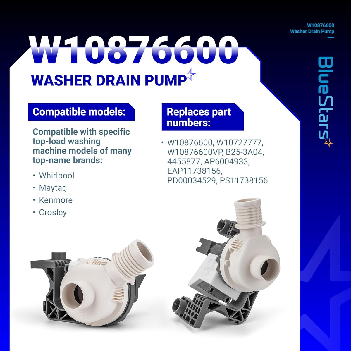 W10876600 washer drain pump replacement parts for Whirlpool, Maytag, Kenmore, and Crosley washing machines.