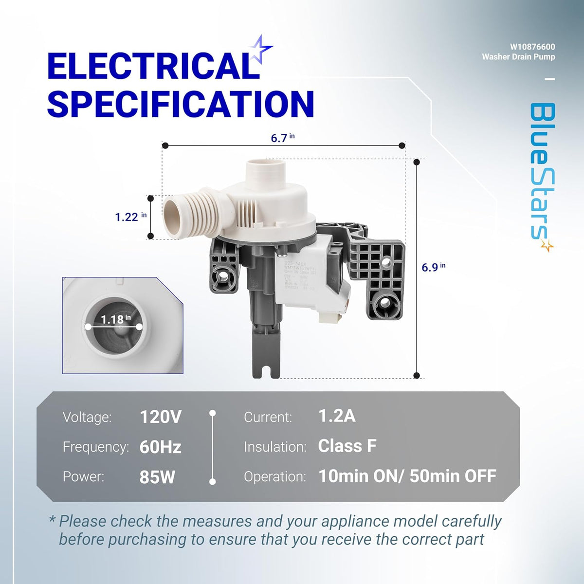 W10876600 washer drain pump electrical specification diagram with dimensions and technical data.