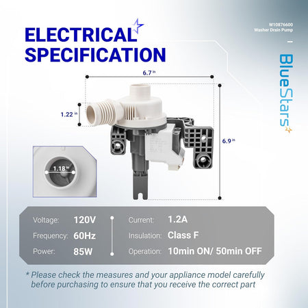 W10876600 washer drain pump electrical specification diagram with dimensions and technical data.