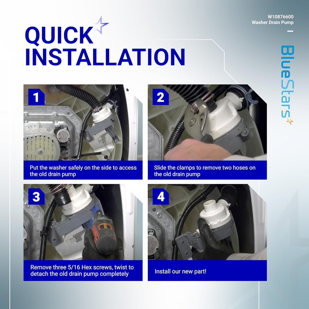 Four-step installation guide for W10876600 washer drain pump showing removal and replacement process.