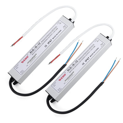 Two 15W 12V IP67 waterproof LED power supply drivers with exposed input and output wiring.