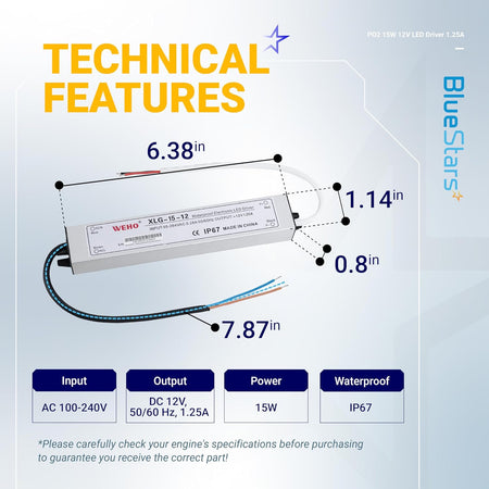 Technical diagram showing dimensions and specifications for a 15W 12V IP67 waterproof LED power supply driver.