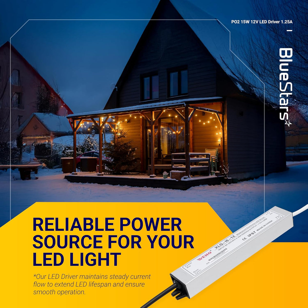 15W 12V LED power supply driver for outdoor lighting applications shown in a promotional lifestyle graphic.