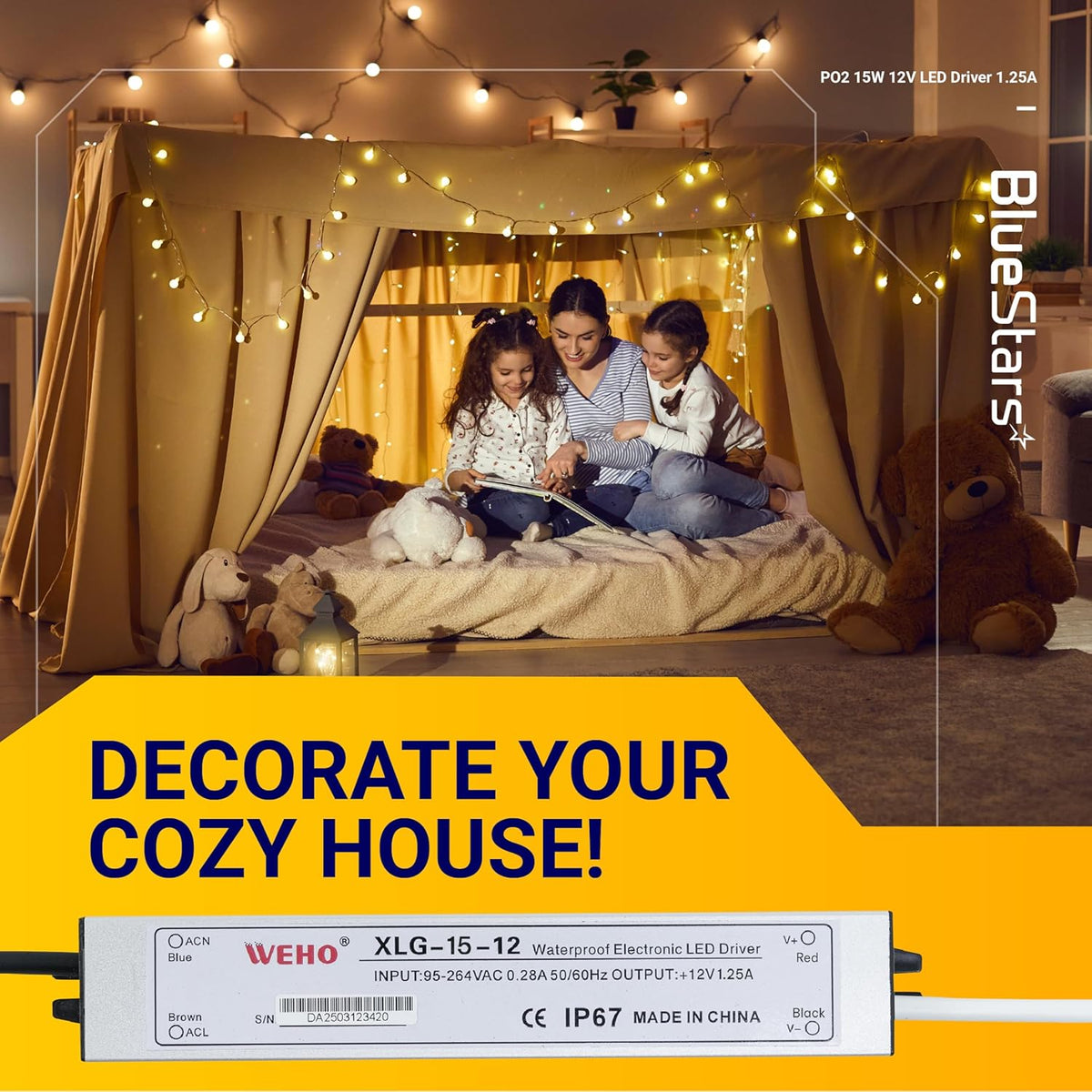 Lifestyle image showing a 15W 12V LED power supply driver used to power decorative string lights in a cozy tent.