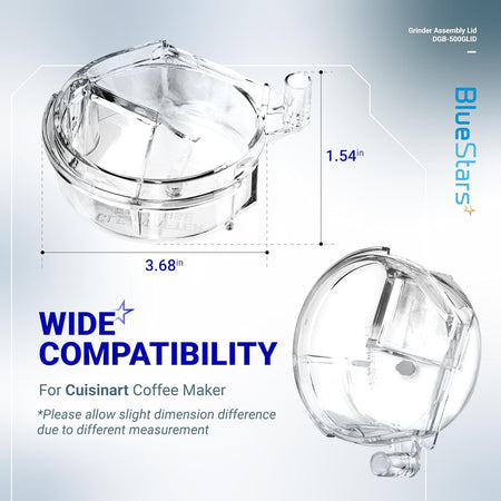 Clear plastic DGB-500GLID grinder assembly lid for Cuisinart coffee makers with dimensions shown.