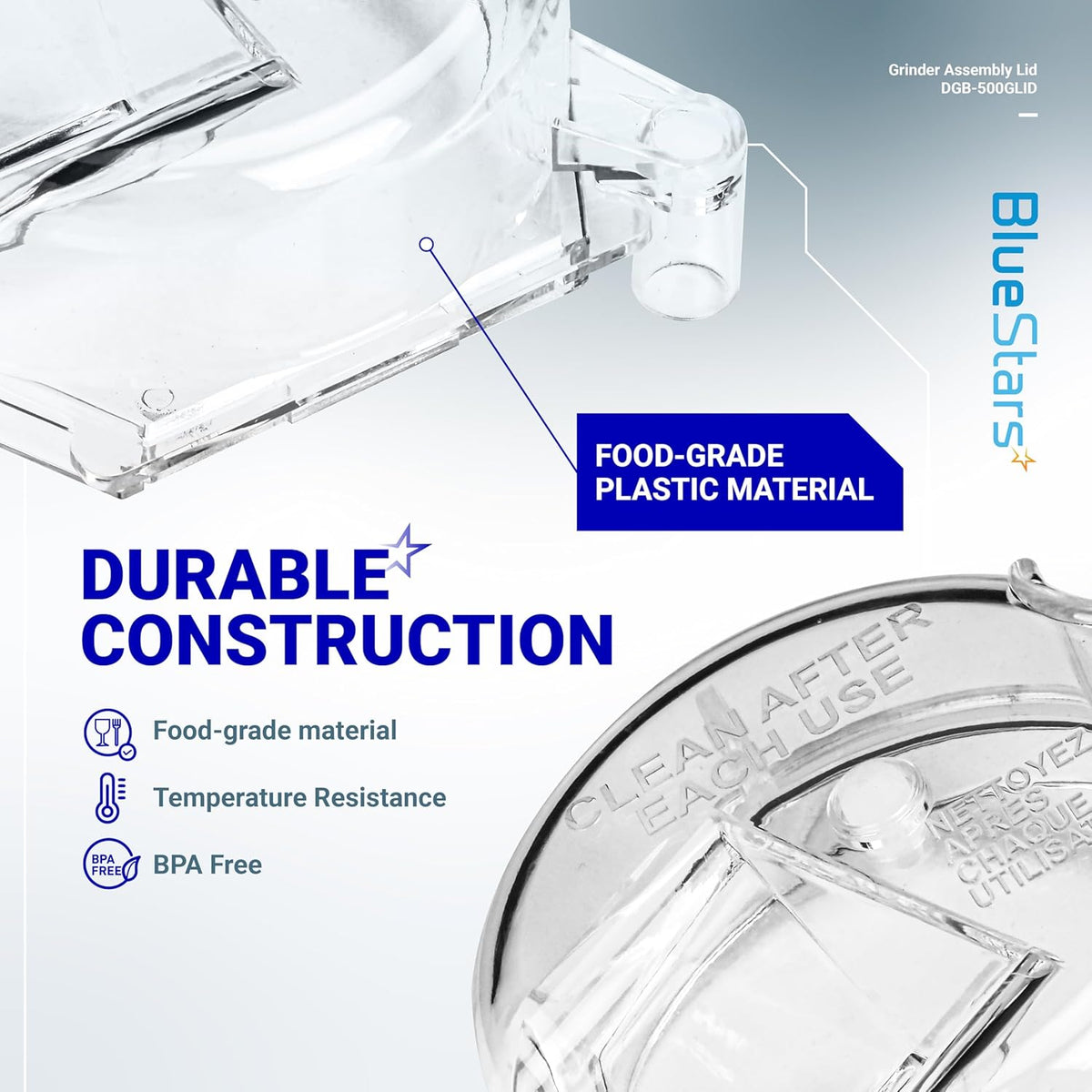 Close-up of DGB-500GLID clear plastic grinder assembly lid for Cuisinart coffee grinders with food-grade construction.
