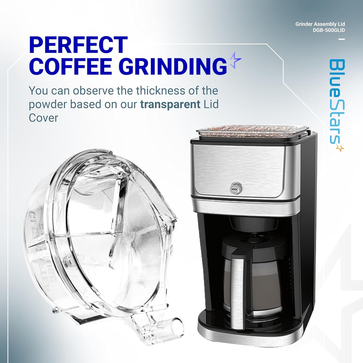 Clear plastic DGB-500GLID grinder assembly lid shown next to a compatible Cuisinart coffee grinder.