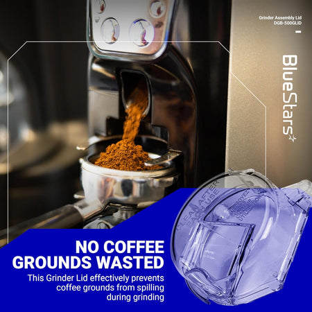 Clear plastic DGB-500GLID grinder assembly lid for Cuisinart coffee grinder shown in a product feature graphic.