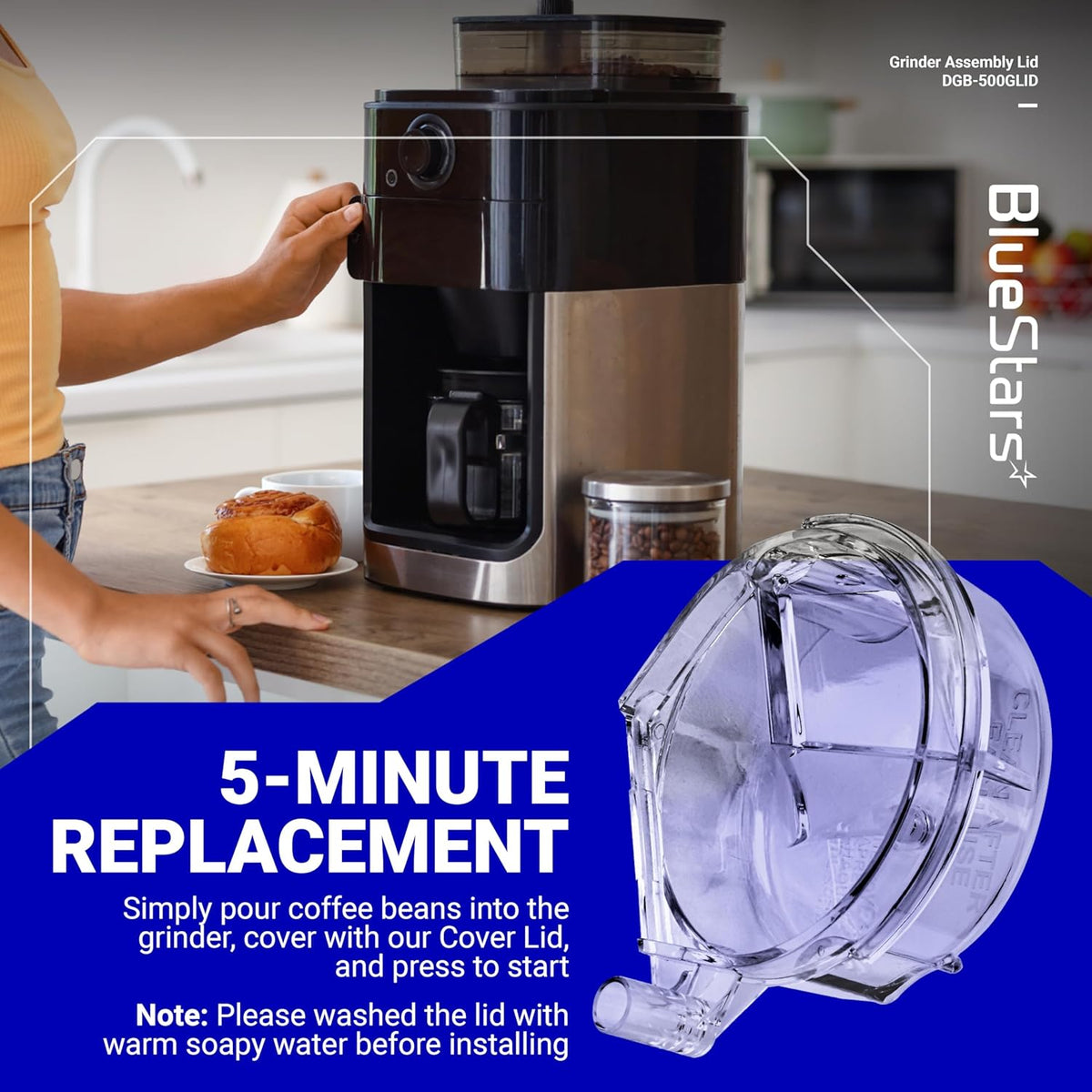 Clear plastic DGB-500GLID grinder assembly lid replacement for Cuisinart coffee grinder.