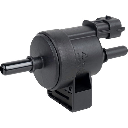 Black emission vapor canister purge valve solenoid with two ports and electrical connector.