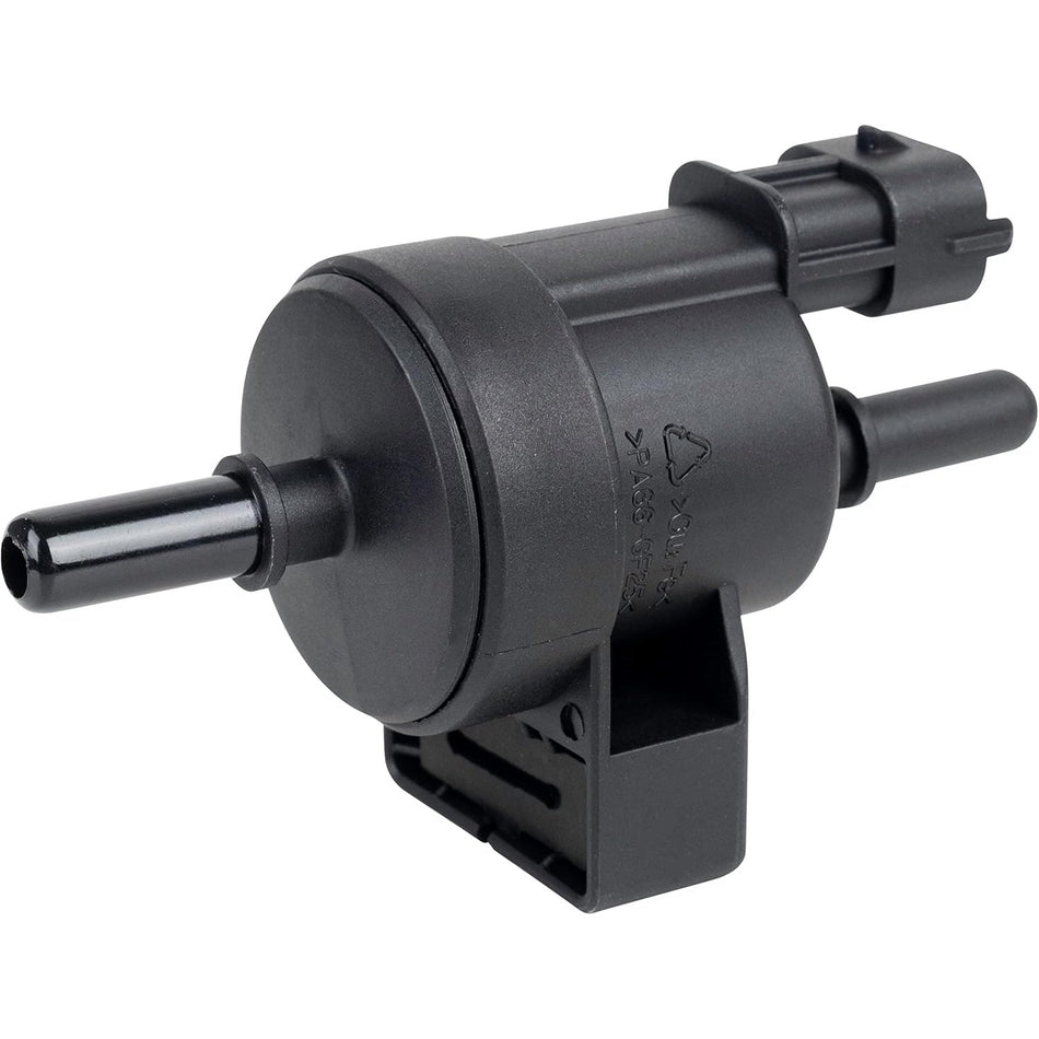 Black emission vapor canister purge valve solenoid with two ports and electrical connector.
