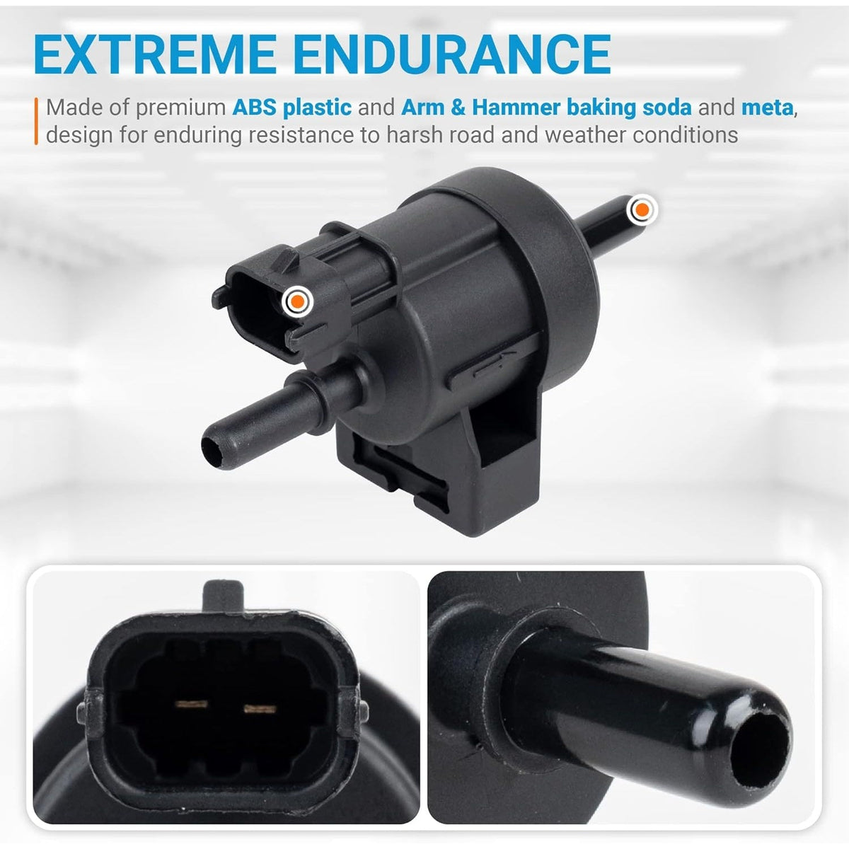 Emission vapor canister purge valve solenoid with close-up views of the electrical connector and vacuum port.