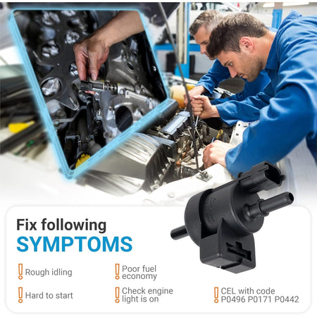 Emission vapor canister purge valve solenoid shown with symptoms and repair guide for engine performance issues.