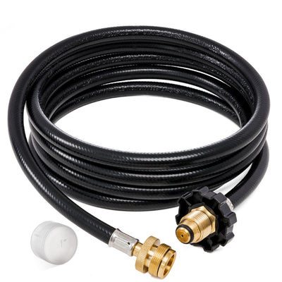 10ft propane hose adapter for Mr. Heater Big Buddy with brass fittings and protective cap.