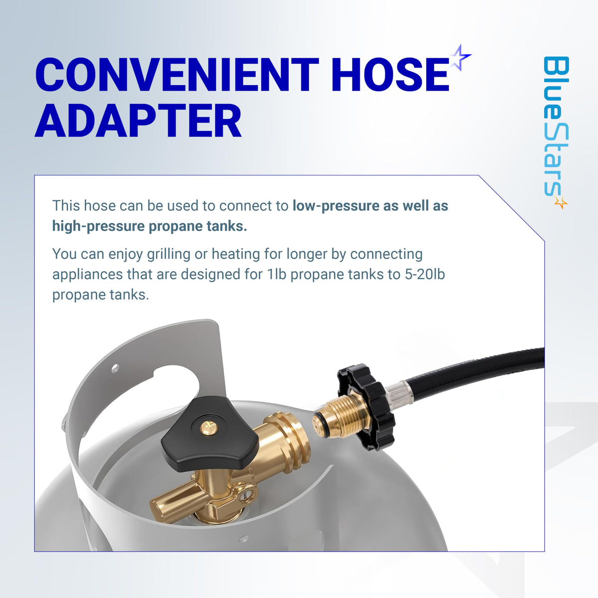 10ft propane hose adapter connecting to a standard propane tank valve.