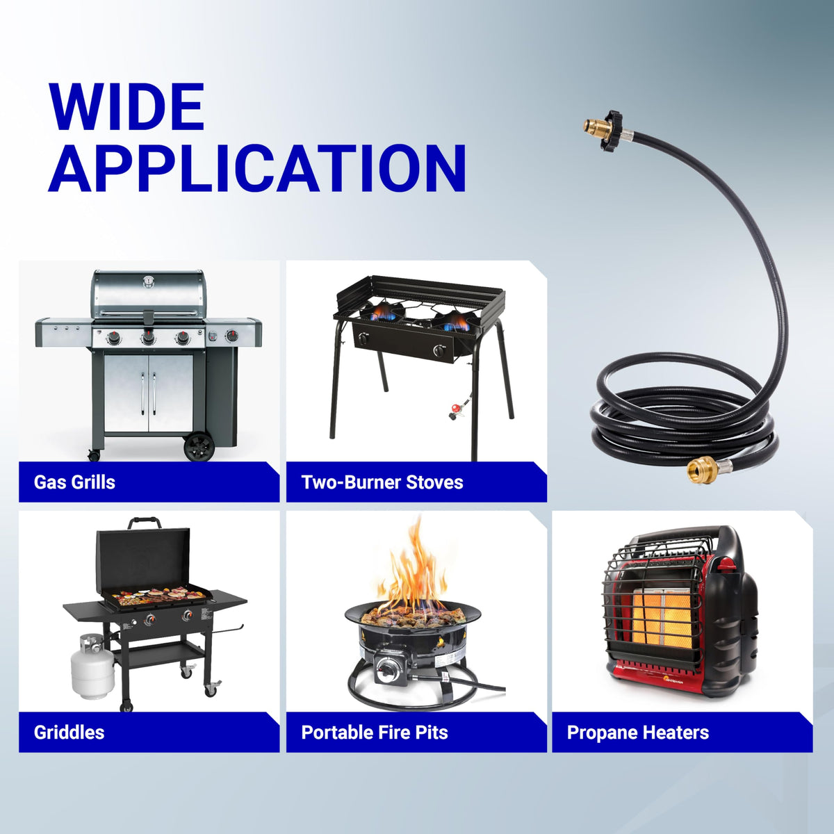 10ft propane hose adapter for Mr. Heater Big Buddy shown with compatible grills, stoves, griddles, and fire pits.