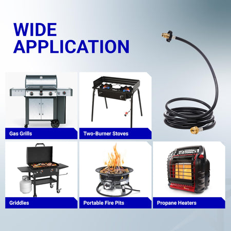 10ft propane hose adapter for Mr. Heater Big Buddy shown with compatible grills, stoves, griddles, and fire pits.