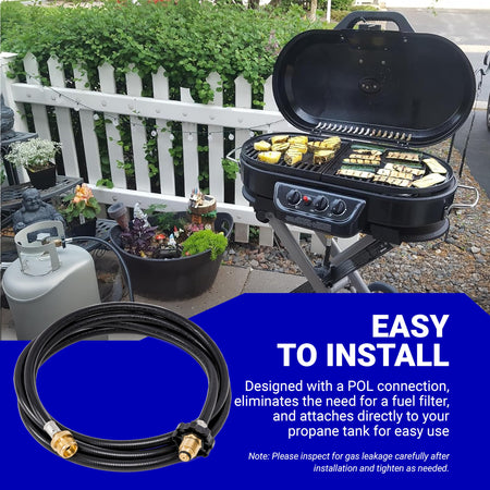 10ft propane hose adapter for Mr. Heater Big Buddy shown with grill setup and installation instructions.