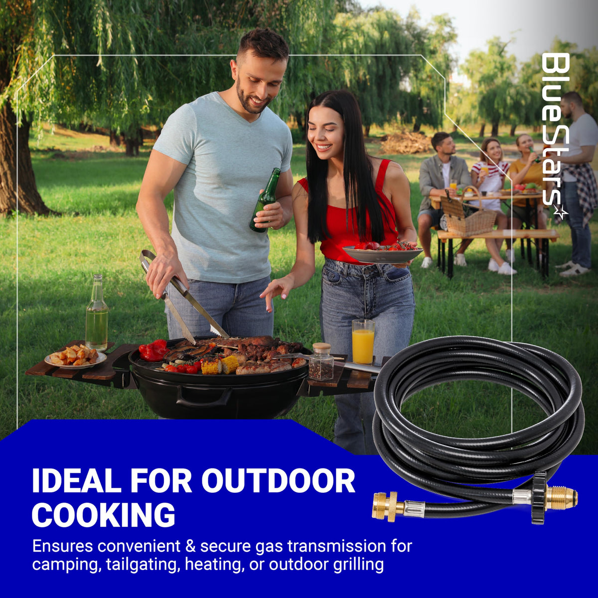 10ft propane hose adapter for Mr. Heater Big Buddy shown in a lifestyle graphic for outdoor cooking and grilling.