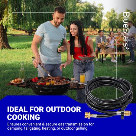 10ft propane hose adapter for Mr. Heater Big Buddy shown in a lifestyle graphic for outdoor cooking and grilling.