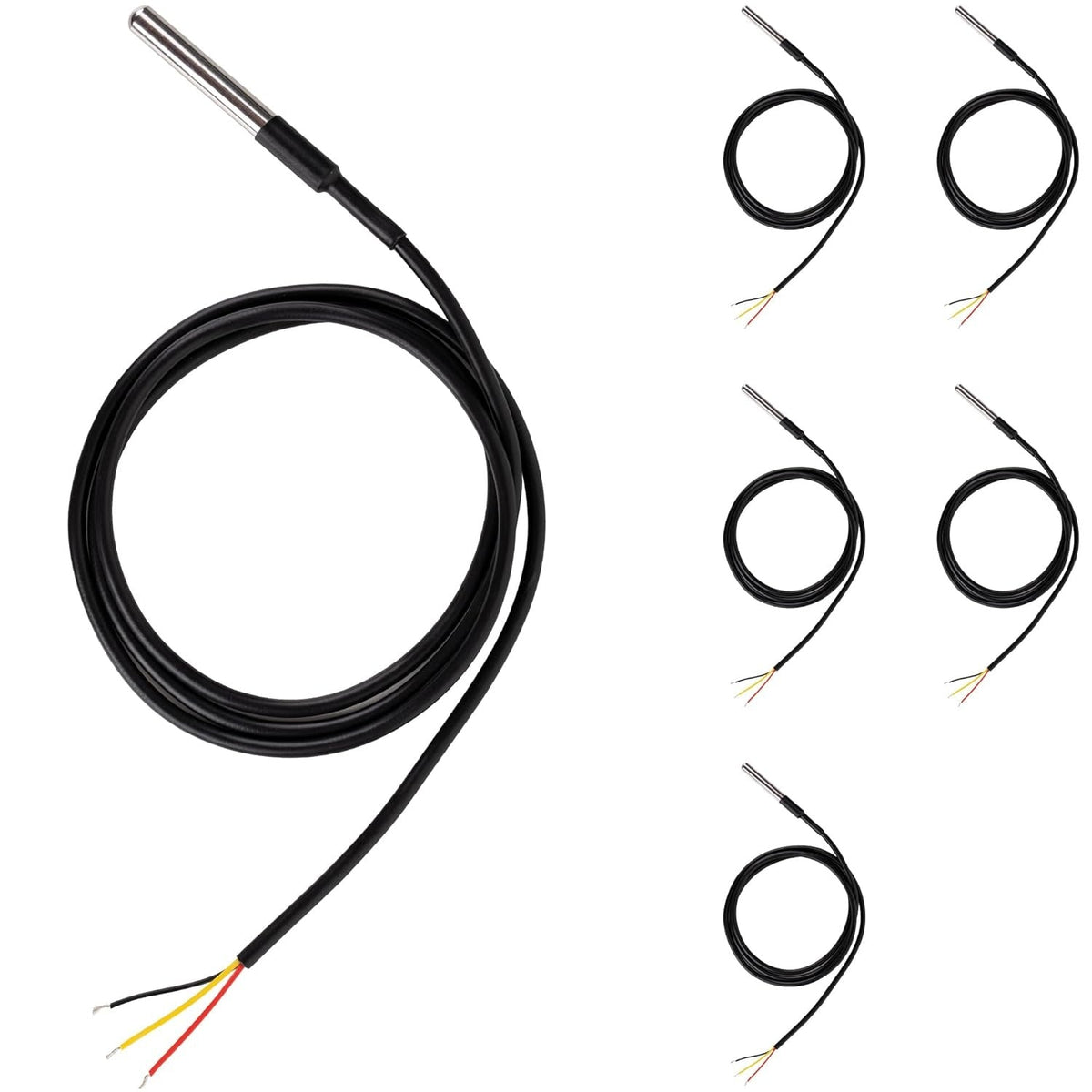 Pack of five DS18B20 waterproof stainless steel 1-wire digital temperature sensors with black cables.